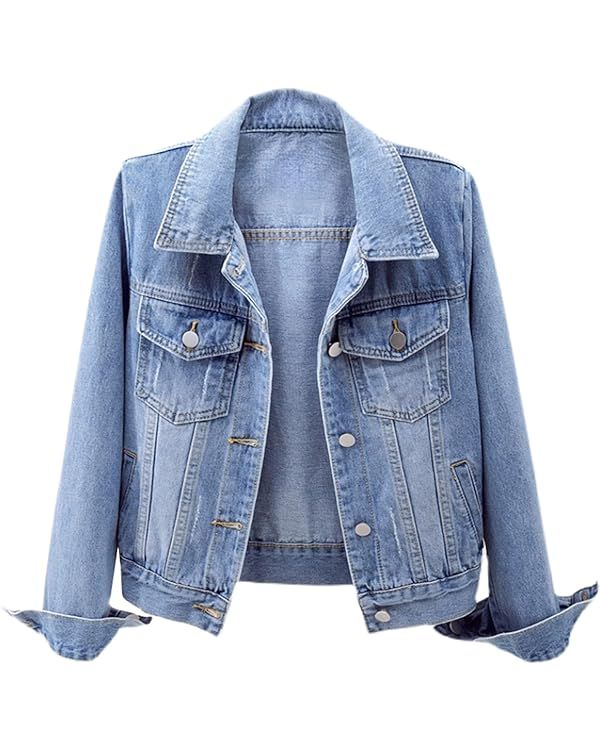 LifeShe Women's Basic Long Sleeve Button Down Distressed Denim Jackets Jean Jacket Coat | Amazon (US)