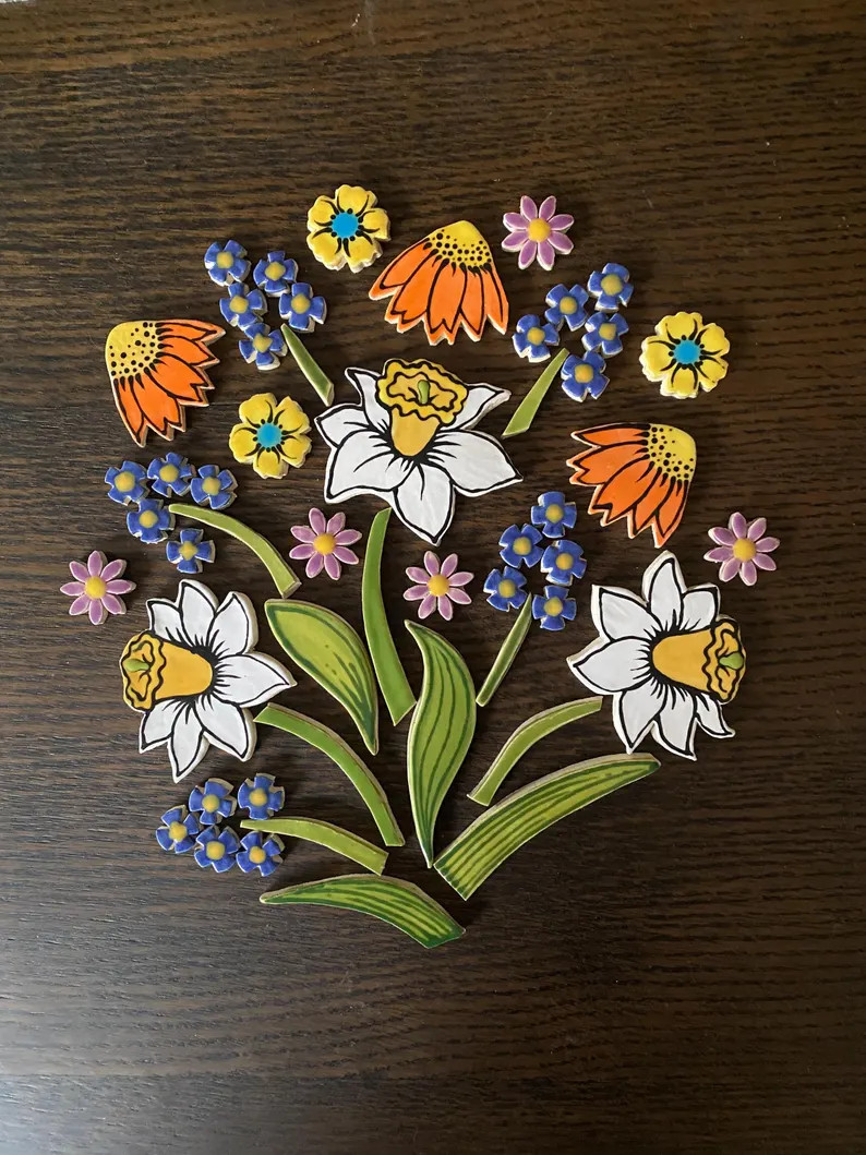 Handmade Mosaic Ceramic Daffodil Flower Tiles, Mosaic Clay Tile - Etsy | Etsy (US)