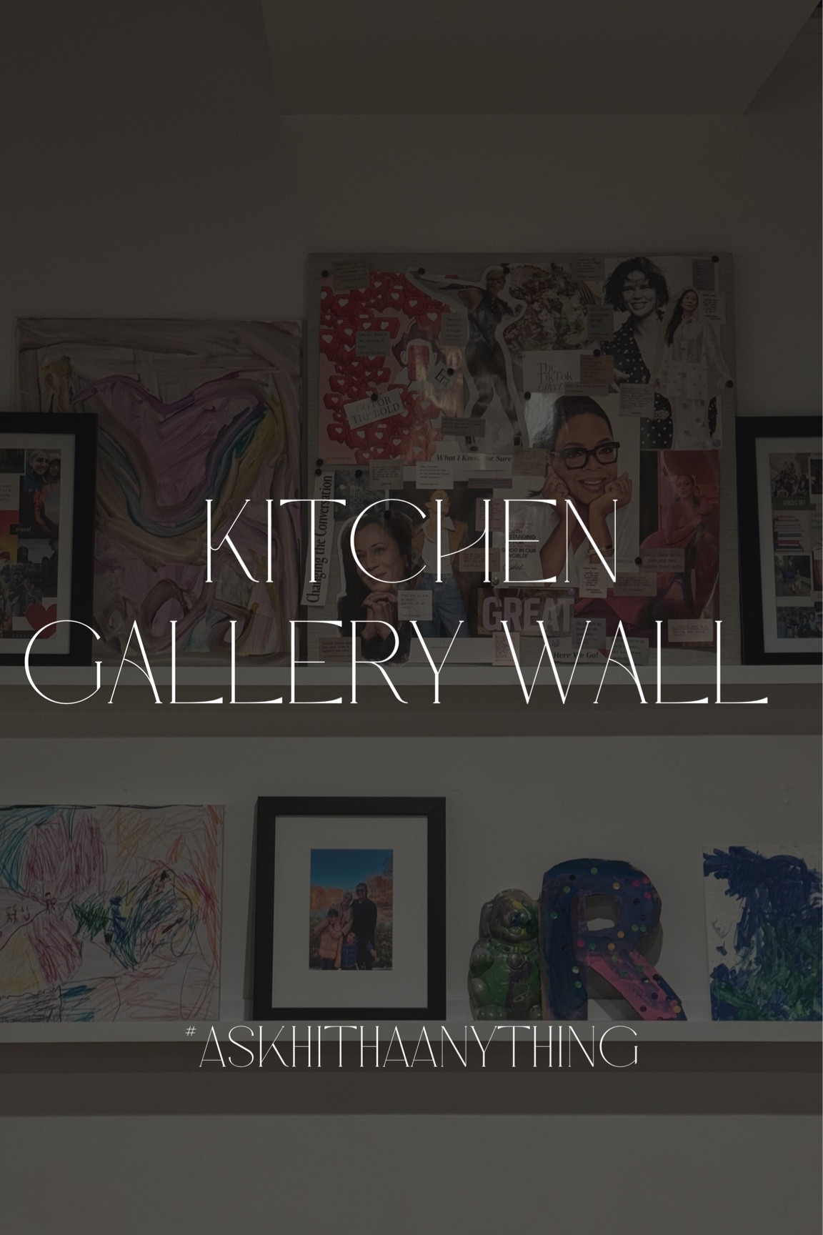 We updated our kitchen gallery wall and replaced the very old art with these slim picture shelves. The kids’ vision boards are the covers of their art holder frames (each frame holds 100 pages, which we will send into Artkive at the end of the year to have their 2024 art books printed). Whenever they create a piece together, I take a picture and tweak it in VSCO before having a canvas printed of the piece. We added a framed picture from our holiday card and added a few of the kids’ pieces to round it out, along with my own vision board 

#LTKfindsunder50 #LTKhome #LTKSeasonal