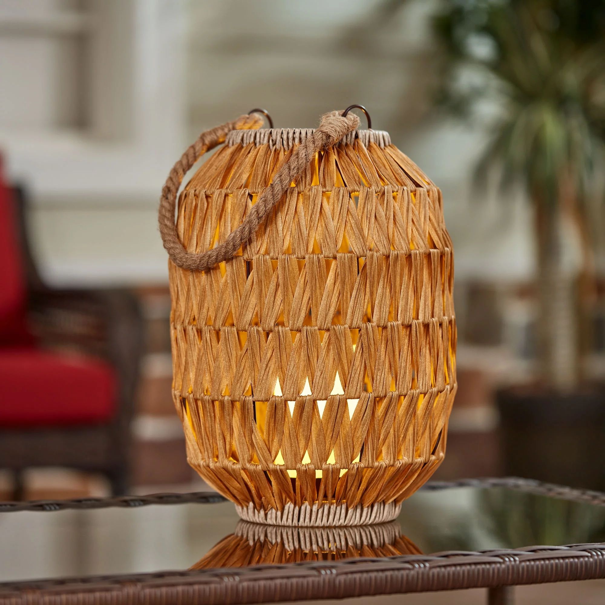 Better Homes & Gardens Yellow Faux Rattan Lantern with Removable Battery-powered LED Candle | Walmart (US)