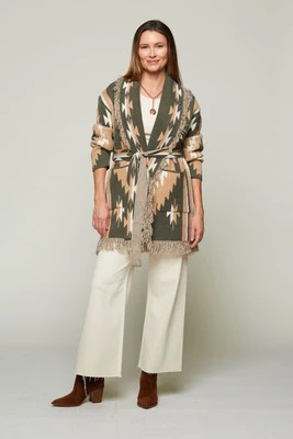 Kassidy Western Pattern Fringe Wrap Cardigan with Belt Tie | Benaar La