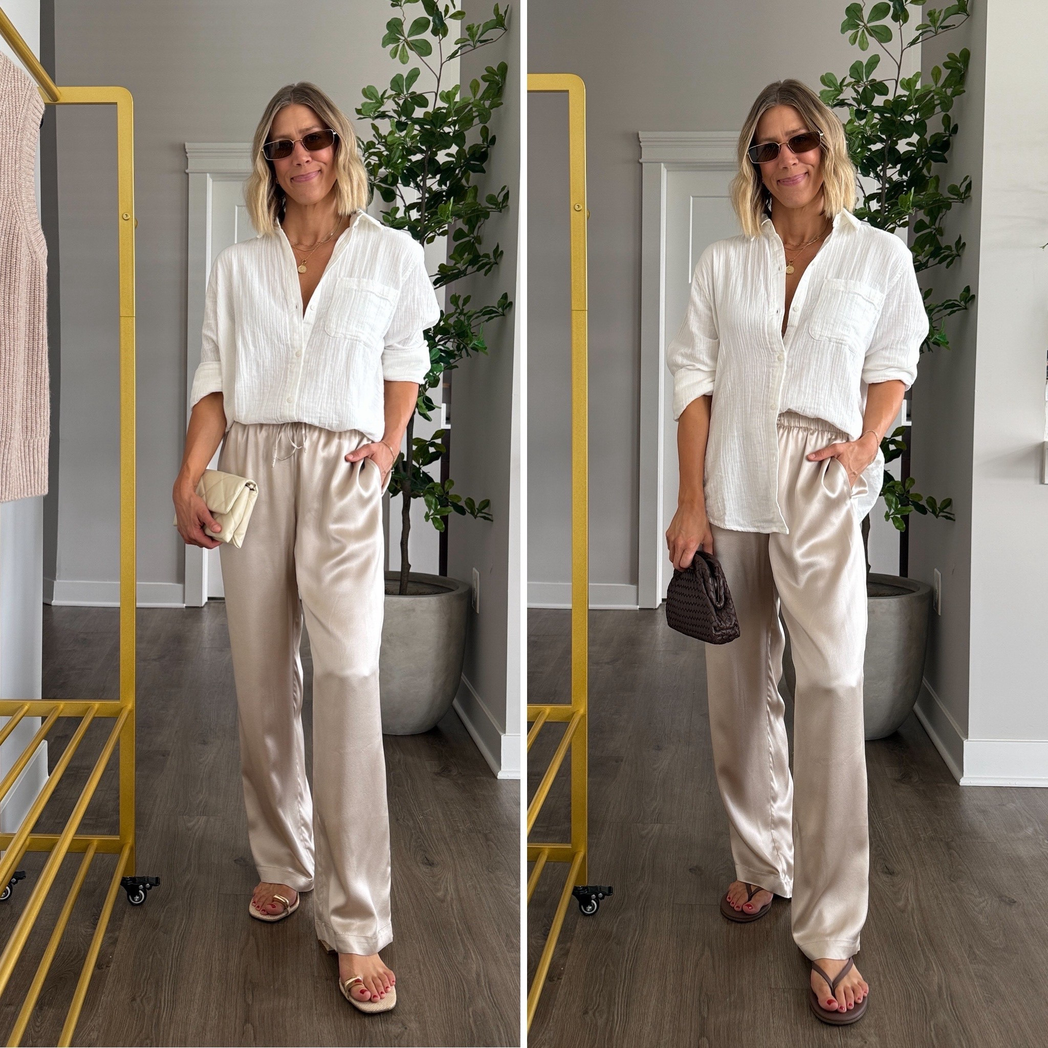 Wearing small silk pants, medium gauze button-up shirt (sized up but fits tts), sandals tts

#LTKFindsUnder100 #LTKFindsUnder50 #LTKStyleTip