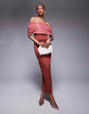 ASOS DESIGN Tall off the shoulder manipulated taffeta bodice detail midi dress in red | ASOS (Global)