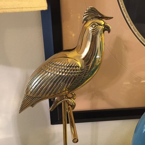 Brass parrot bird on stand golden statue professionally polished Dolbi cashier mid century metal art | Etsy (US)