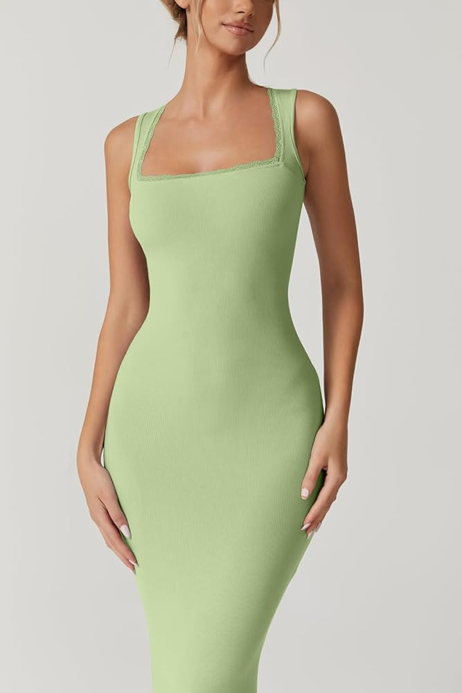 QINSEN Women's Square Neck with Lace Detail Long Maxi Dress Sleeveless Lounge Ribbed Full Length ... | Amazon (US)