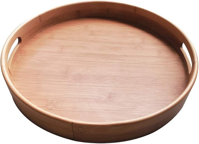 Bamboo Wood Natural Round Serving Tray, Raised Edge, Food Tray, Cut-Out Handles | Amazon (US)