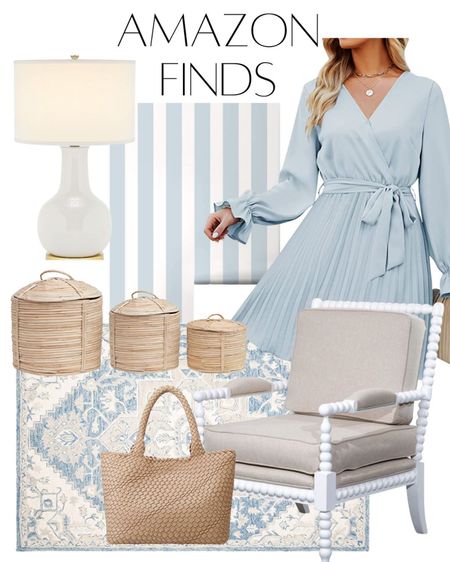 Coastal home decor, coastal decor, peel and stick wallpaper, blue dress, spindle chair, woven bag, blue rug, area rug, woven canisters, white lamp, Amazon finds, blue and white



#LTKunder50 #LTKhome #LTKsalealert
