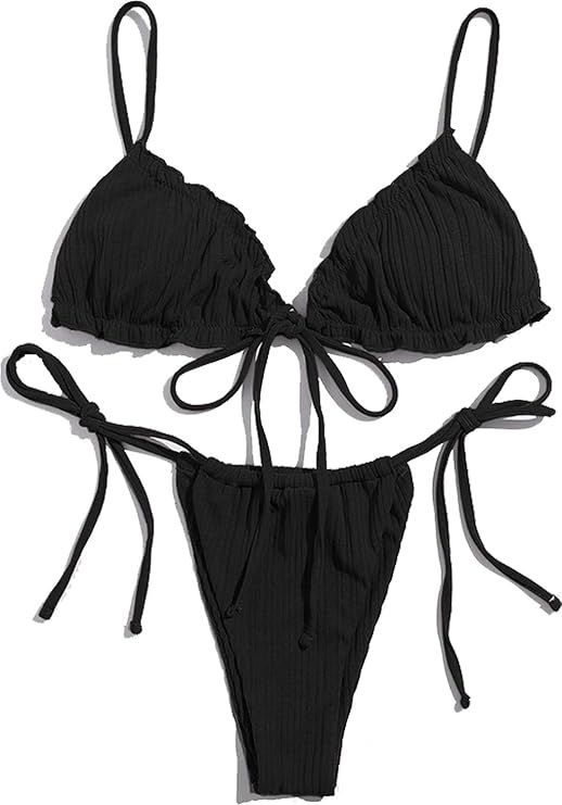 Balasami Women's Ribbed Padded Knit String Ruffle Thong Brazilian Bikini Swimsuit Set Side Tie Kn... | Amazon (US)