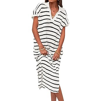 ZESICA Women's Summer Striped Midi Dress 2025 Casual Short Sleeve V Neck Loose Knitted Side Slit ... | Amazon (US)