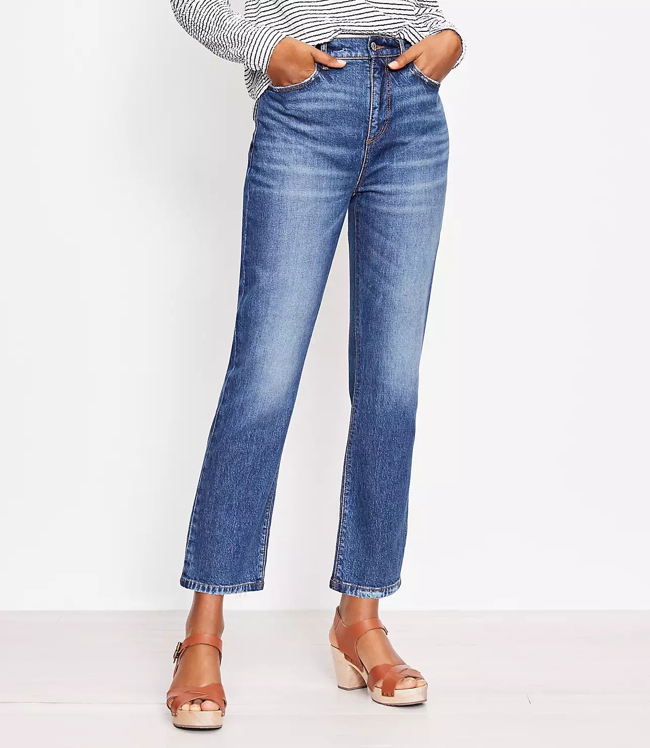 High Rise Straight Crop Jeans in Staple Mid Indigo Wash | LOFT