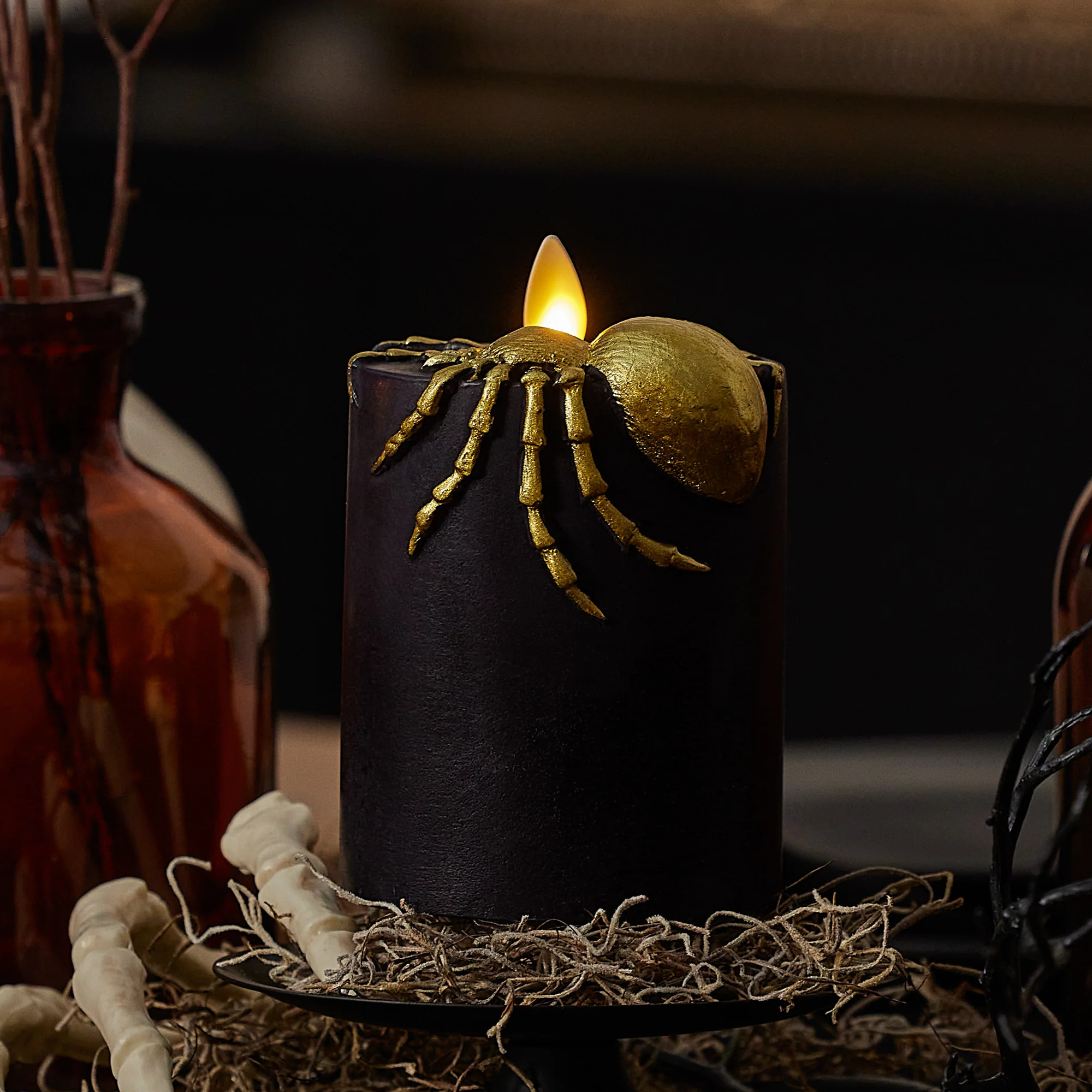 Black and Gold Spider Flameless Candle Pillar | Luminara