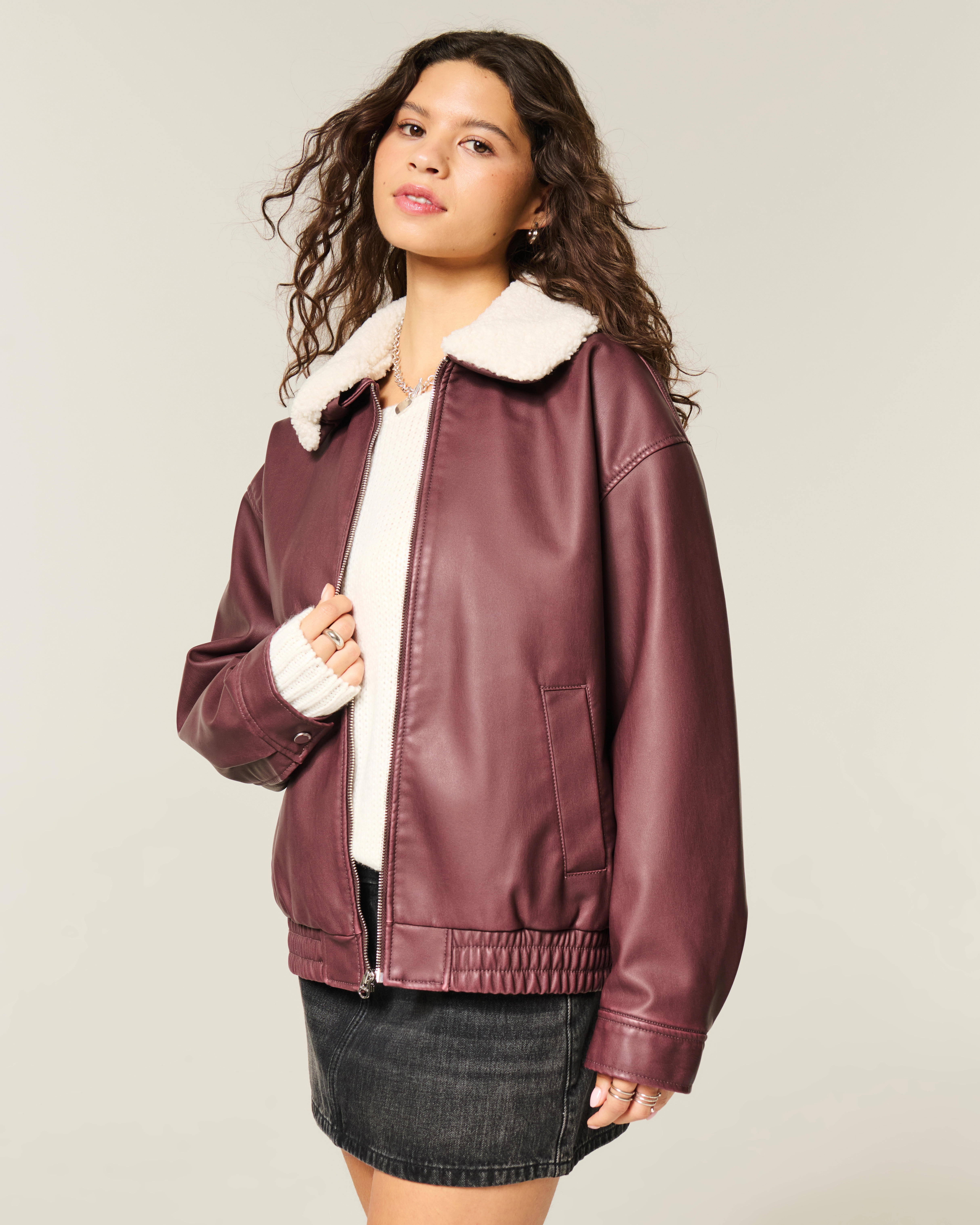 Sherpa Collar Faux Leather Bomber Jacket | Hollister (US)