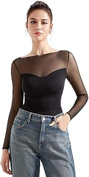 SUUKSESS Women Double Line Mesh Sheer Crop Tank Tops Boat Neck Long Sleeve Shirts | Amazon (US)