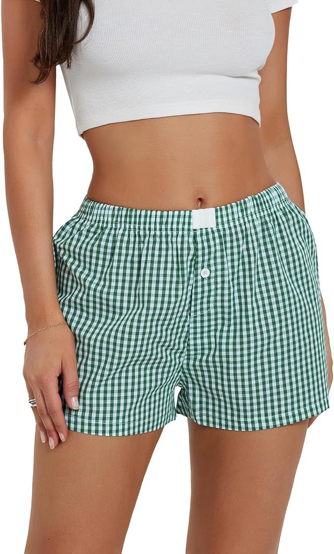 Mxiqqpltky Women's Casual Plaid Shorts Summer Elastic Waist Button Lounge Shorts Cute Loose Fit P... | Amazon (US)