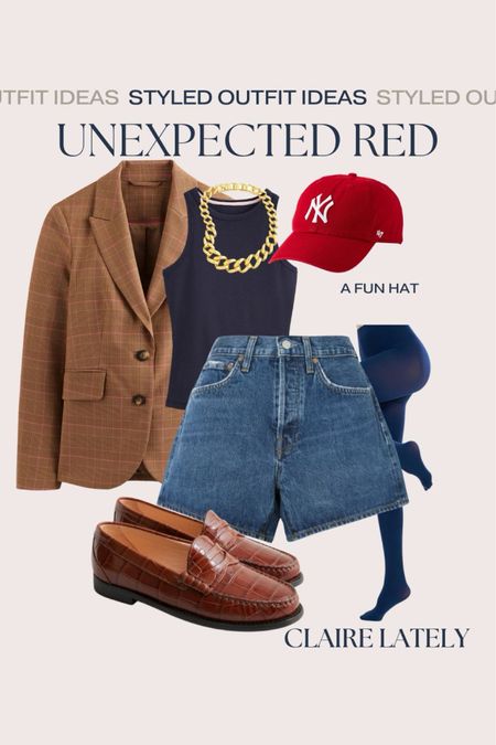 How to style the unexpected red theory - add an on trend baseball hat. Pair it with a blazer, racerback layering tank, matching navy Amazon tights, favorite agilde denim shorts, loafers, and a chunky gold necklace. 
See all 6 ideas in my Styled Looks Collection on the LTK APP. 
❤️ Claire Lately 

#LTKstyletip #LTKmidsize #LTKSpringSale