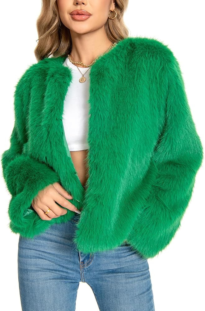 Fur Coat for Women,Faux Furry Long Sleeve Cropped Fluffy Jacket Open Front Coat Shaggy Warm Fall ... | Amazon (US)