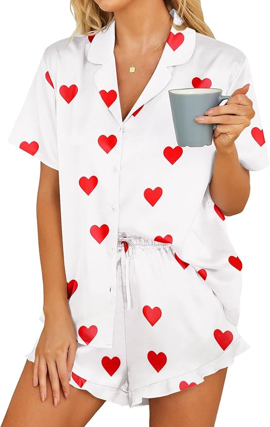 HOTOUCH Womens Satin Pajamas Set Button Down 2 Piece Silk Pjs Shorts Set Ruffle Lingerie Notch Co... | Amazon (US)