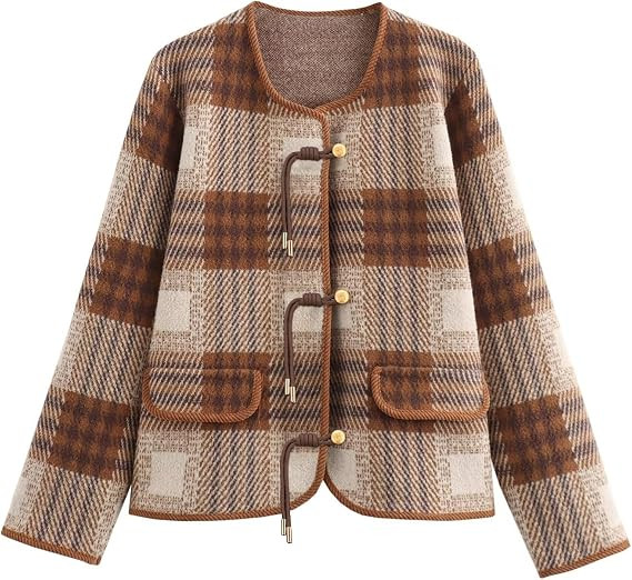 HOULENGS Women's Vintage Button Down Cardigan Sweater Plaid Print Long Sleeve Knit Coat Fall Fash... | Amazon (US)