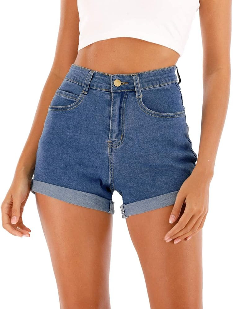 Cuihur Women's Summer Casual Denim High Waisted Folded Hem Jeans Shorts for Juniors | Amazon (US)