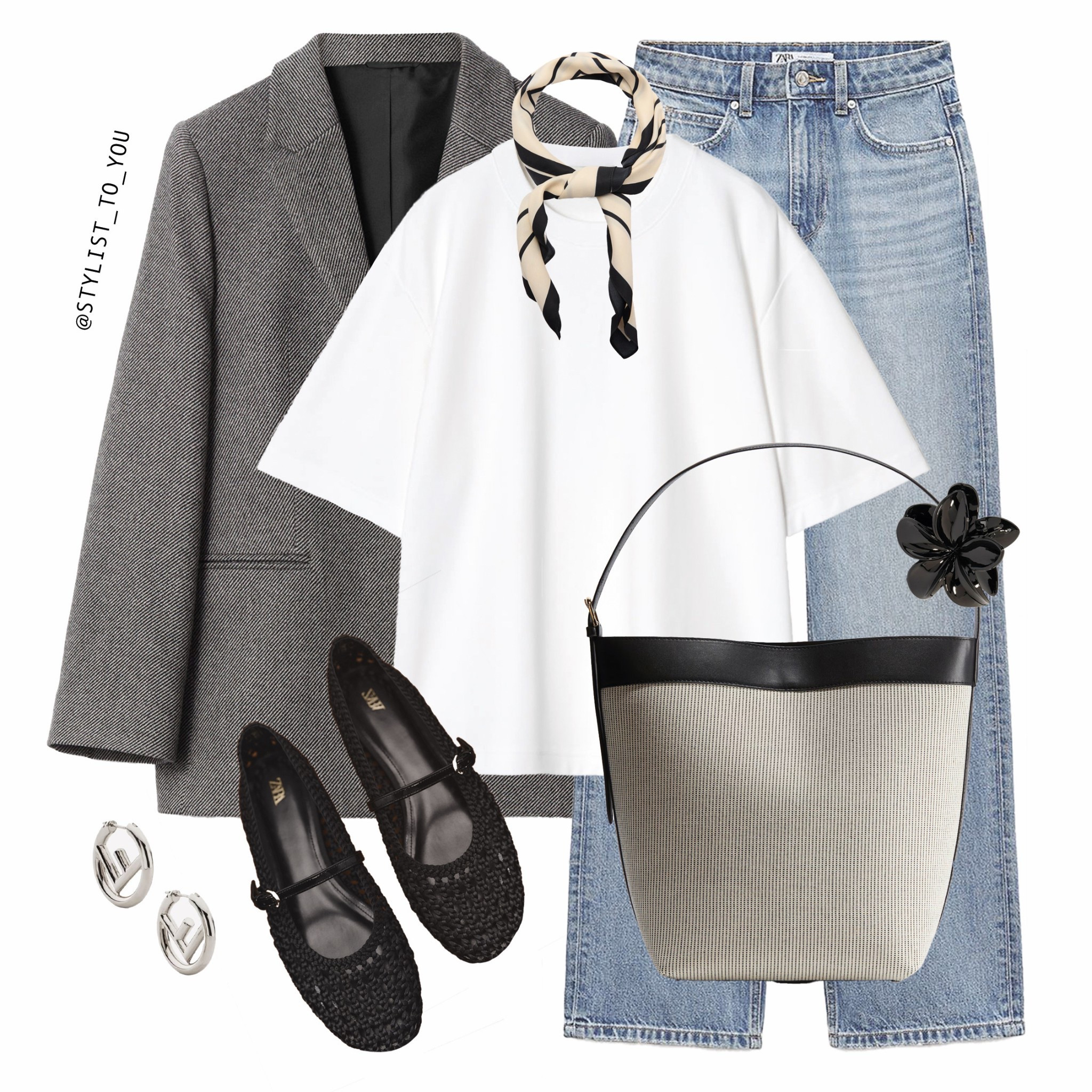  The scarf can be styled around the neck, on the bag, or in the hair for a versatile fashion statement.

A chic flat-lay outfit featuring a white oversized T-shirt, light-wash denim straight leg jeans, a tailored grey gray herringbone blazer, black crochet mesh Mary Jane ballet pumps flats shoes, a beige and black texture weave bucket bag with contrast, a silk neck scarf, silver hoop Fendi logo earrings, and a stylish touch of neutral tones. fashion, style, outfit inspiration, wardrobe essentials, chic outfit, minimal fashion, neutral tones, Parisian style, classic look, effortless style, casual chic, capsule wardrobe, street style, elevated basics, trendy outfit, neck scarf, silk scarf styling, how to wear a scarf, fashion tips, styling hacks, fashion accessories, timeless fashion, blazer outfit, denim and blazer, It Girl style, modern classic, casual elegance, modest fashion, business wear, office outfit, work style, office chic, smart casual, fashion must-have, outfit ideas, aesthetic fashion, stylish accessories, versatile styling, everyday fashion, polished look, trendy accessories, fashion-forward, sophisticated style, outfit upgrade.

#LTKspring #LTKuk #LTKeurope