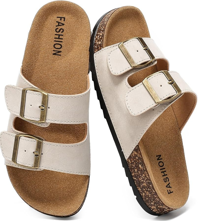 Women's Cork Footbed Sandals, Arch Support Adjustable Double Buckle Slides | Amazon (US)