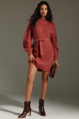Maeve Long-Sleeve Mock-Neck Tie-Waist Mini Dress | Anthropologie (US)