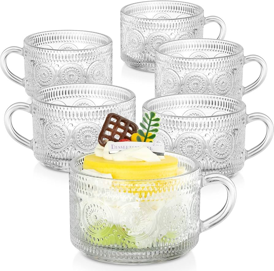 6 Pcs Vintage Coffee Mugs 14 oz Glass Stackable Tea Cups Clear Embossed Glass Cups Coffee Cup Vin... | Amazon (US)