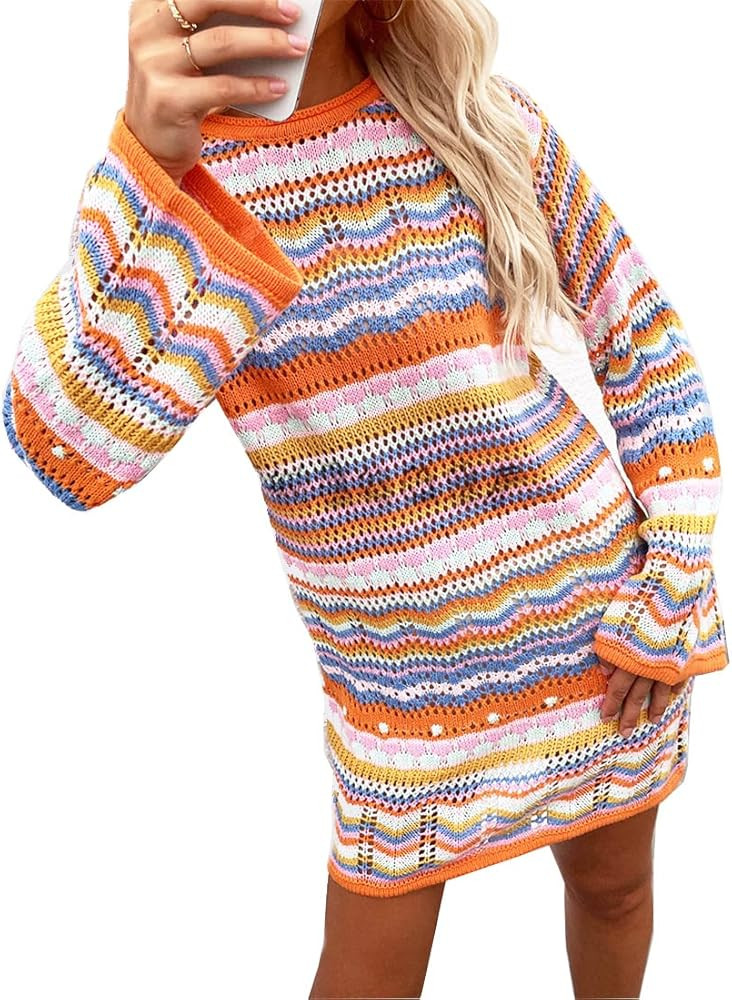 Rainbow Striped Long Sleeve Loose Crochet Striped Hollow Out Mini Casual Sweater Dress Women Sweater | Amazon (US)