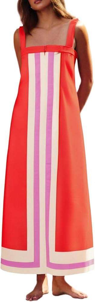 2025 Summer Bohemian Floral Dress for Women Casual Color Block Maxi Beach Overall Dress Coverups | Amazon (US)