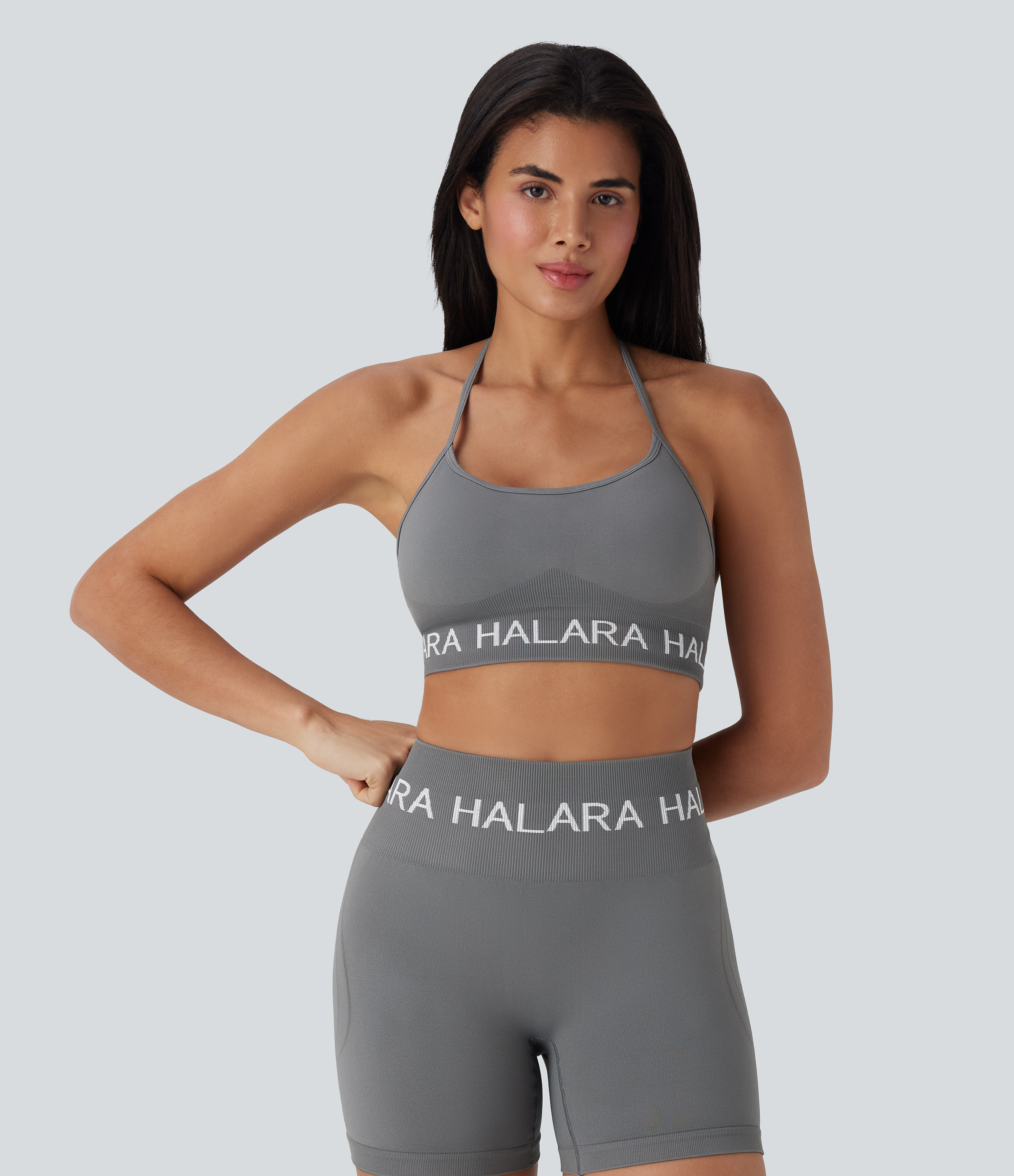 Halara Seamless Flow Low Support Halara Logo Halter Yoga Sports Bra  - Full Moon - XS push up bra strapless bra backless bra sticky bra | HALARA