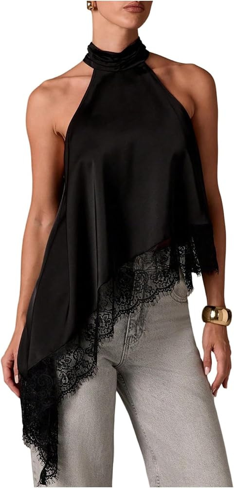 SweatyRocks Women's Lace Patchwork Asymmetrical Halter Top Dressy Sleeveless Flowy Tank Tops | Amazon (US)