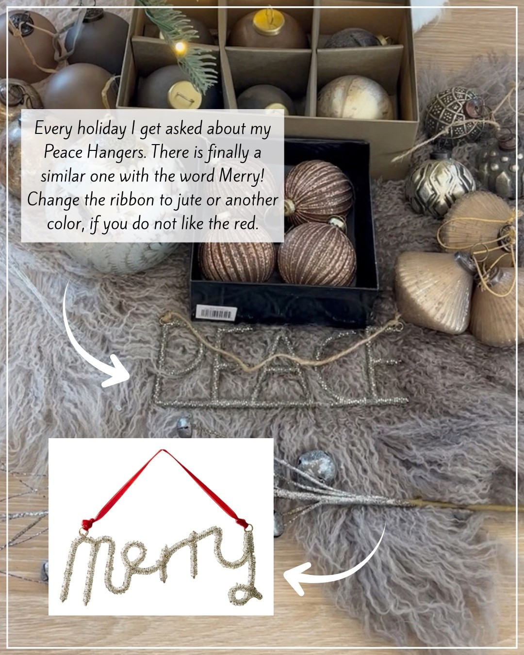 Every holiday I get asked about my Peace Hangers. There is finally a similar one with the word Merry! Change the ribbon to jute or another color, if you do not like the red.

#ltkholiday

#LTKSeasonal #LTKHome