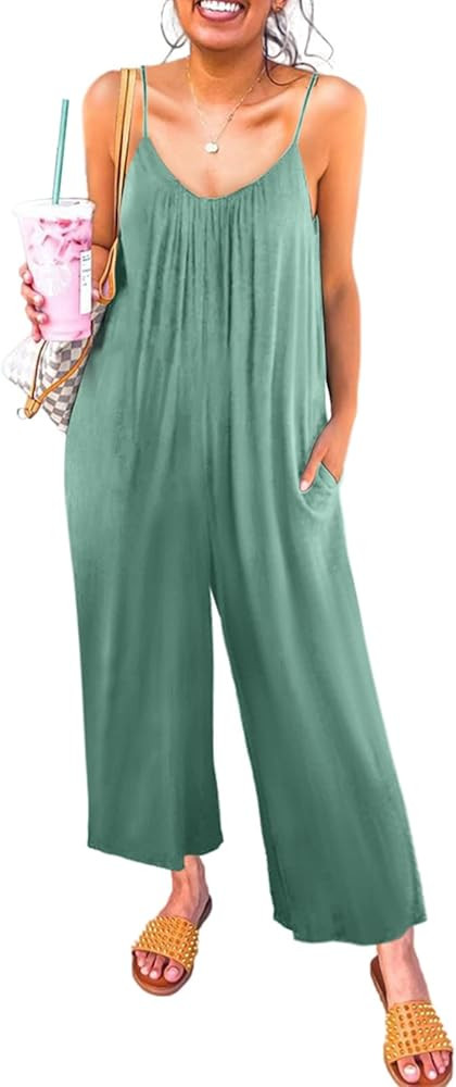 Happy Sailed Women's Casual Sleeveless Front Button Loose Jumpsuits Stretchy Long Pants Romper wi... | Amazon (US)