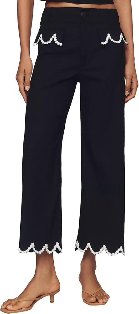 Women's Scalloped Wide Leg Pants Casual High Waisted Button Down Loose Fit Cropped Hem Trousers w... | Amazon (US)
