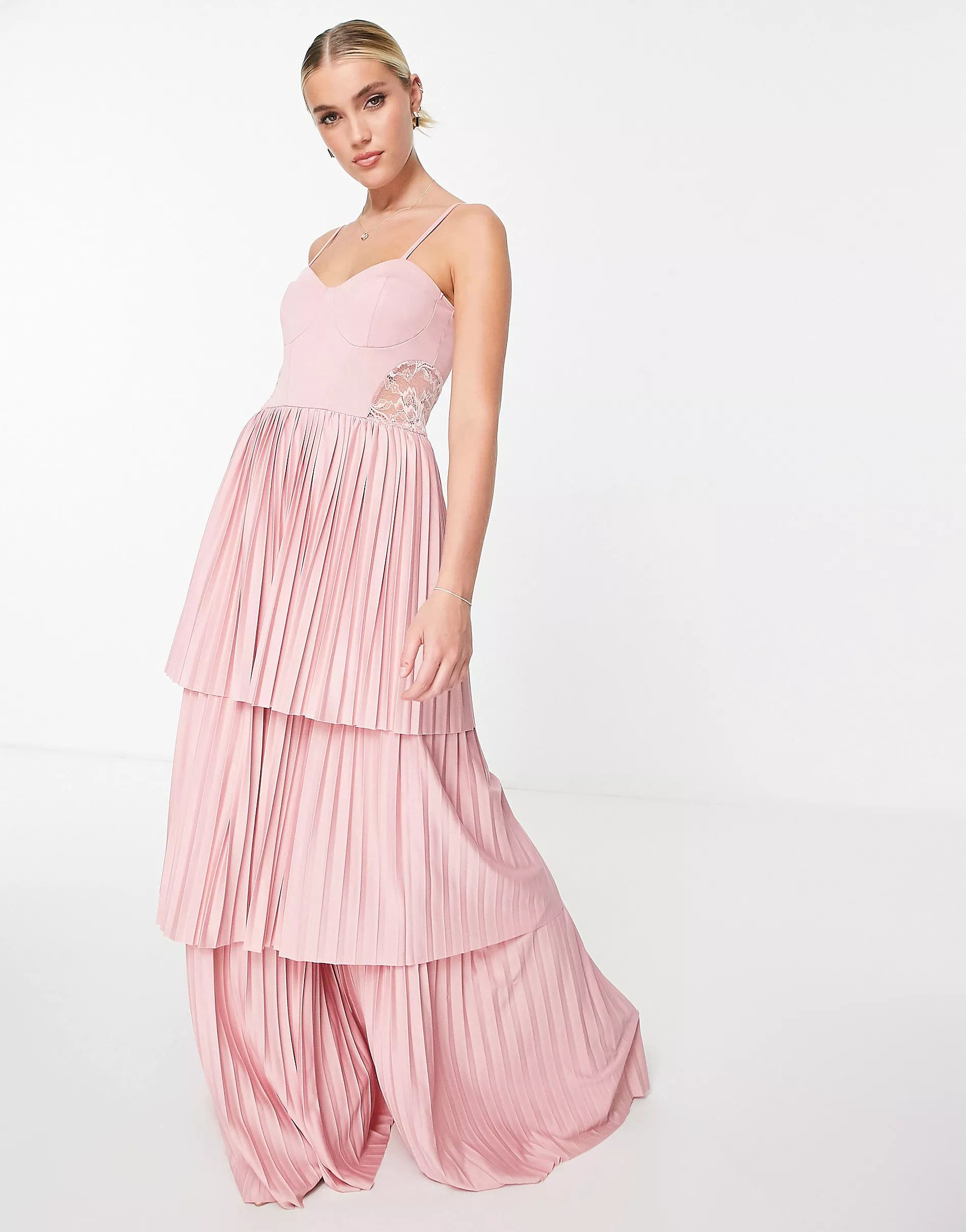 ASOS DESIGN Cami tiered pleated maxi dress with lace detail in Blush Pink | ASOS (Global)