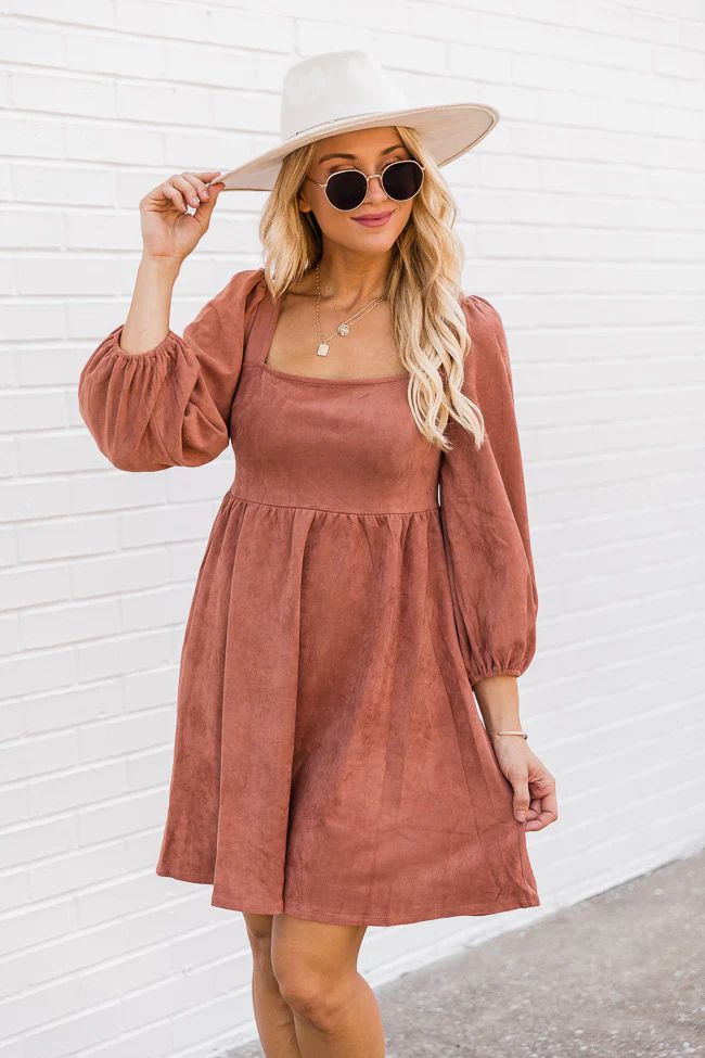 You're A Genius Brown Suede Square Neck Dress | Pink Lily