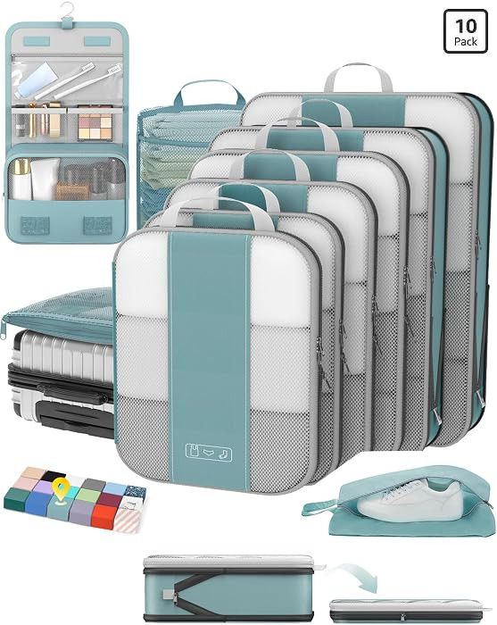 OlarHike 10-Pack Compression Packing Cubes for Travel Essentials,Compressible Expandable Packing ... | Amazon (US)