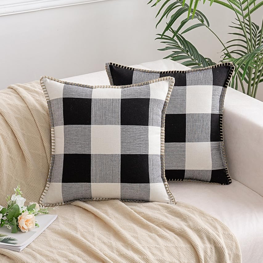 Burlap Farmhouse Decor Buffalo Checkers Plaid Cotton Linen Decorative Throw Pillow Cover Rustic Cush | Amazon (US)