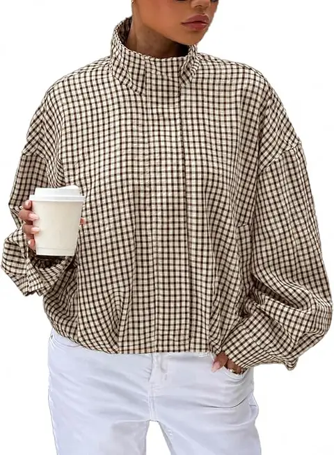 Women's Plaid Bomber Jacket High Neck Zip Up Coat with Pockets Long Sleeve Checkered Fall Spring ...