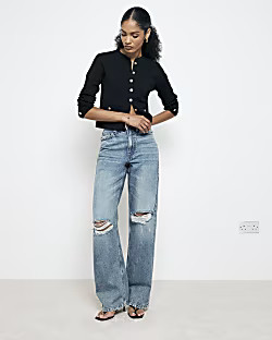 Blue high waisted relaxed straight rip jeans | River Island UK & IE