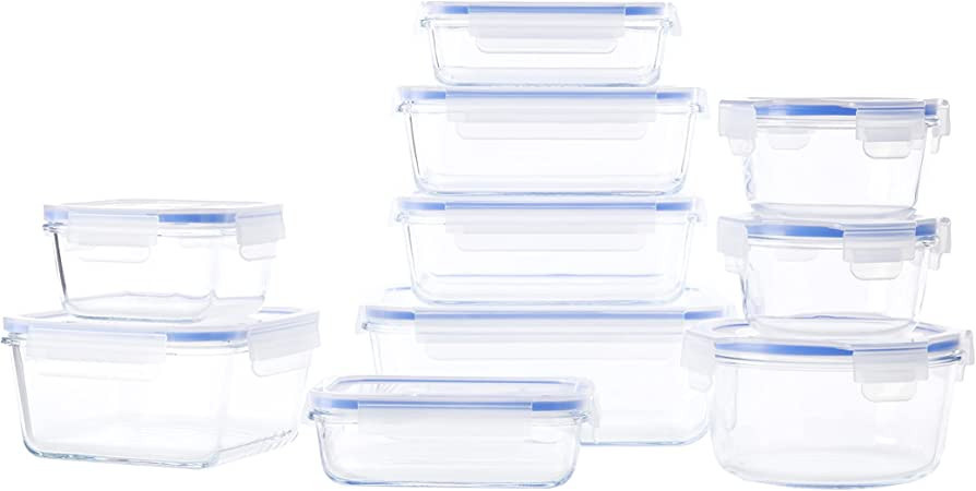 Amazon Basics 20-Piece Glass Food Storage Containers, 10 Count of Bases and Plastic Lids, Transpa... | Amazon (US)