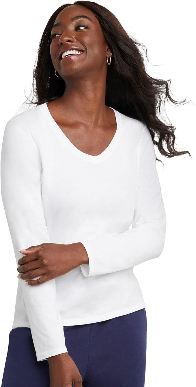Hanes Womens Originals Long Sleeve Cotton V-Neck T-Shirt, Lightweight V-Neck Tee, Modern Fit | Amazon (US)