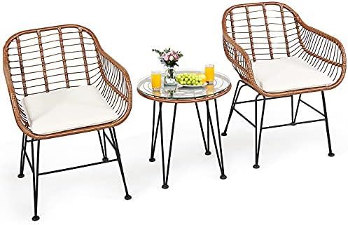 Tangkula 3 Pieces Patio Conversation Bistro Set, Outdoor Wicker Furniture w/Round Tempered Glass ... | Amazon (US)