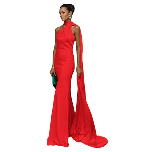 Women's Sexy Satin One Shoulder Backless Sleeveless Maxi Dress with Scarf Elegant Long Formal Evening Dresses Cocktail Gown Wedding Guest Dress Red | Amazon (US)