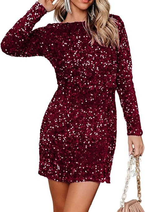 R.Vivimos Women's Sequin Bodycon Dress Fall Winter Velvet Warm Long Sleeve Crew Neck Sexy Backles... | Amazon (US)