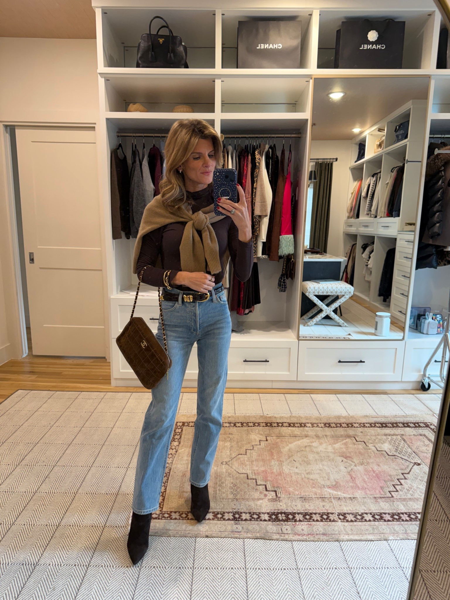 Brown turtleneck look w straight leg aritzia denim and quince cashmere cardigan 