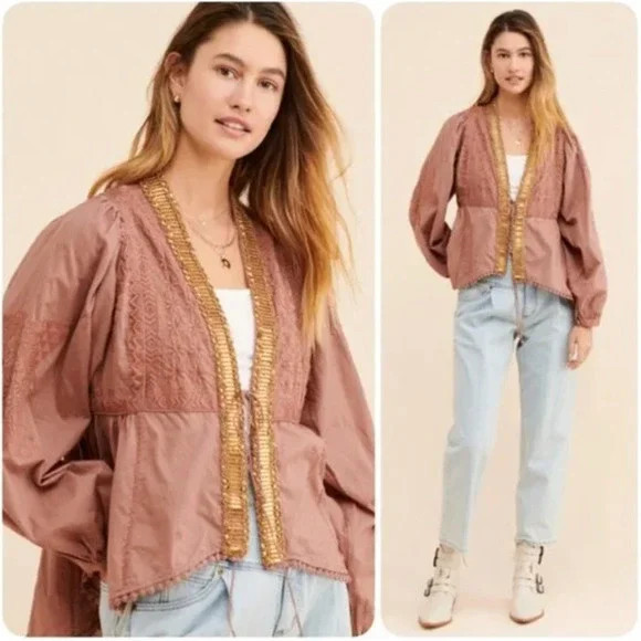 Free People Jasmine Embroidered Jacket in Pink Mist Size Small | Poshmark
