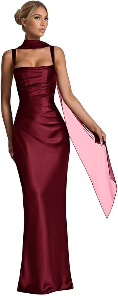 Satin Bridesmaid Dresses for Women Square Neck Pleats Long Formal Prom Dress Wedding Guest Gown w... | Amazon (US)
