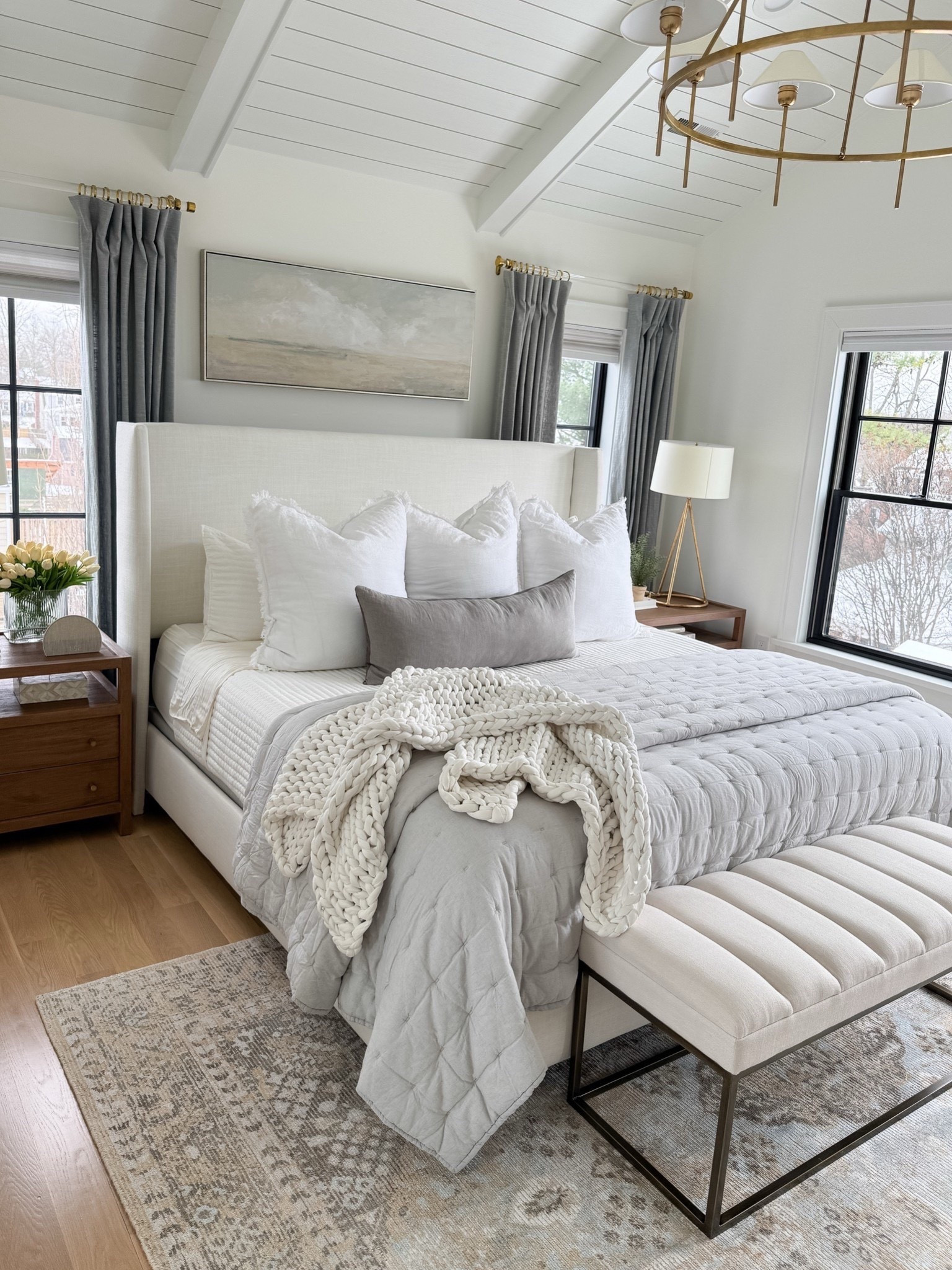 ▫️Paint color: Benjamin Moore Simply White
▫️Rug: 8x10 - it’s very soft and I love the muted vintage vibe!
▫️Bed: King size in Zuma White. We have a standard size boxspring and 12” thick mattress
▫️Curtains/Drapes: 84” length, 50” wide in mineral blue with light filtering lining 
▫️Curtain Rods: Acrylic & Brass with 1.25” diameter rings
▫️Art: I found it locally (preframed) but I’m linking the same art on stretched canvas in a similar size.
▫️Pillows: 4 king size bed pillows, 3 26” Euro pillows (from Amazon), 1 14x36” light gray lumbar pillow
▫️Chunky Throw: This is actually a 15lb weighted blanket in cloud white 

#LTKHome #LTKFindsUnder100 #LTKStyleTip