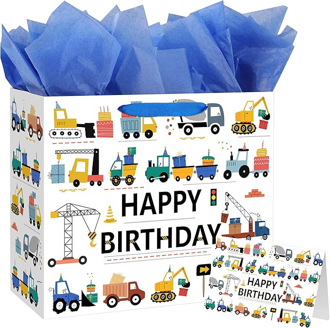 Yusenguan 13‘’ Construction Birthday Gift Bag for Baby Boys Kids with Tissue Paper and Greeti... | Amazon (US)